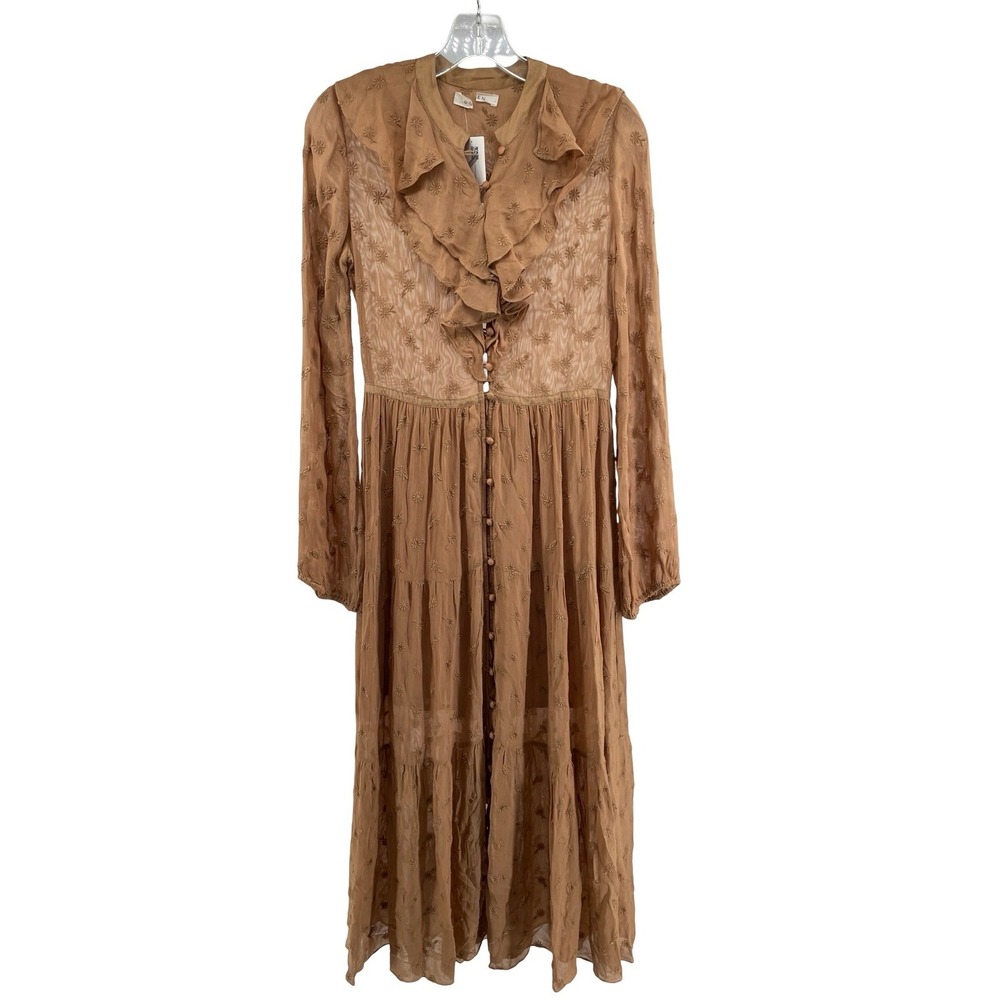 DOEN Women Dress Midi Ruffle Brown Sheer Embroidered Small